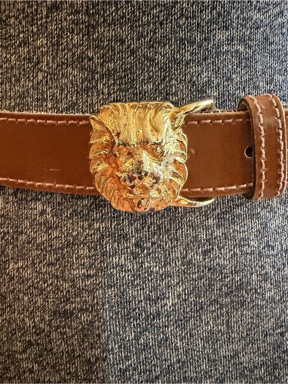 VTG Anne Klein for Calderon lion head gold-tone buckle tan leather belt - Picture 2 of 6